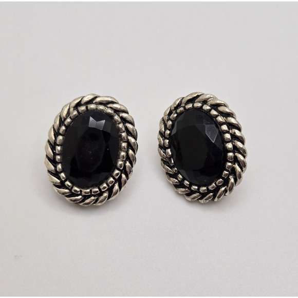 Vintage Earrings Black Oval Lucite Stone Chunky Silvertone Clip On Retro Classic - Picture 2 of 12